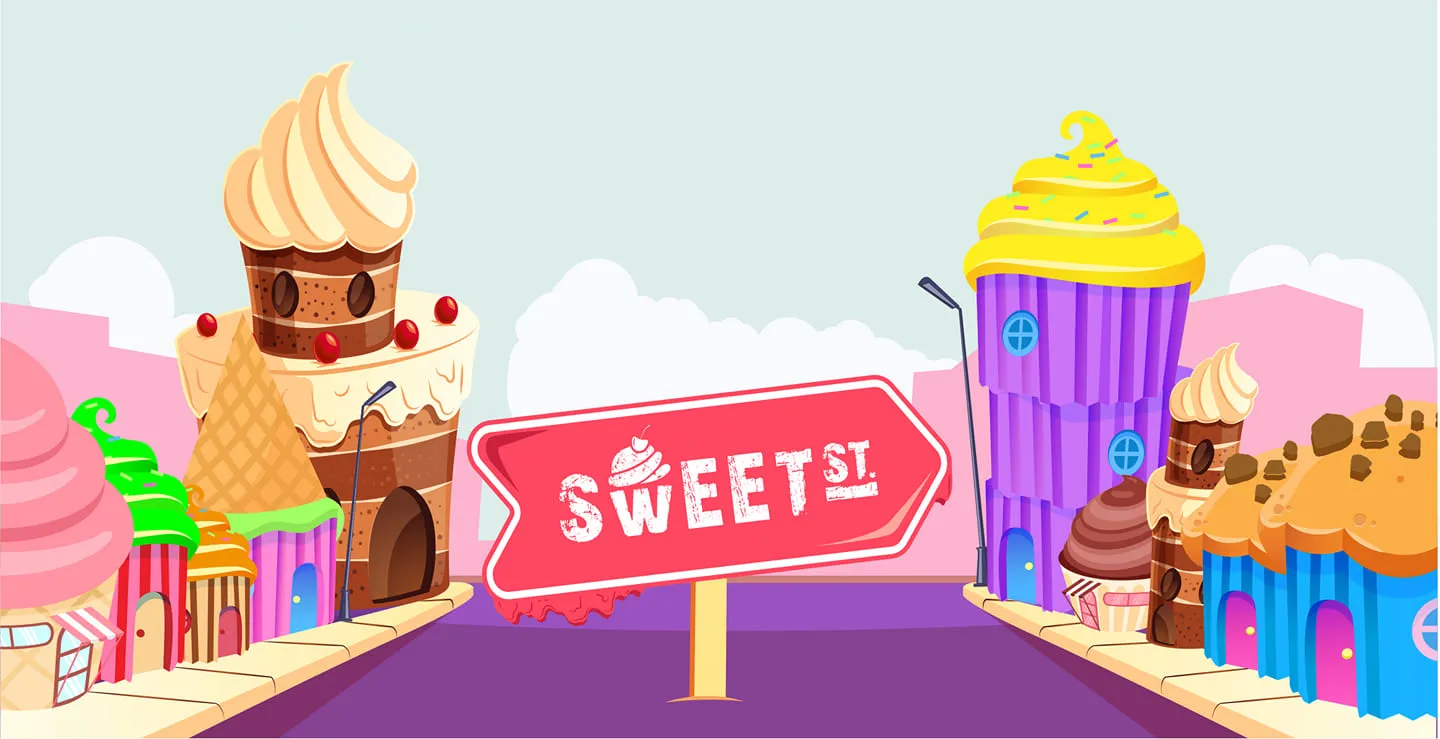 Ilustración de Sweet Street con edificios y cupcakes de colores